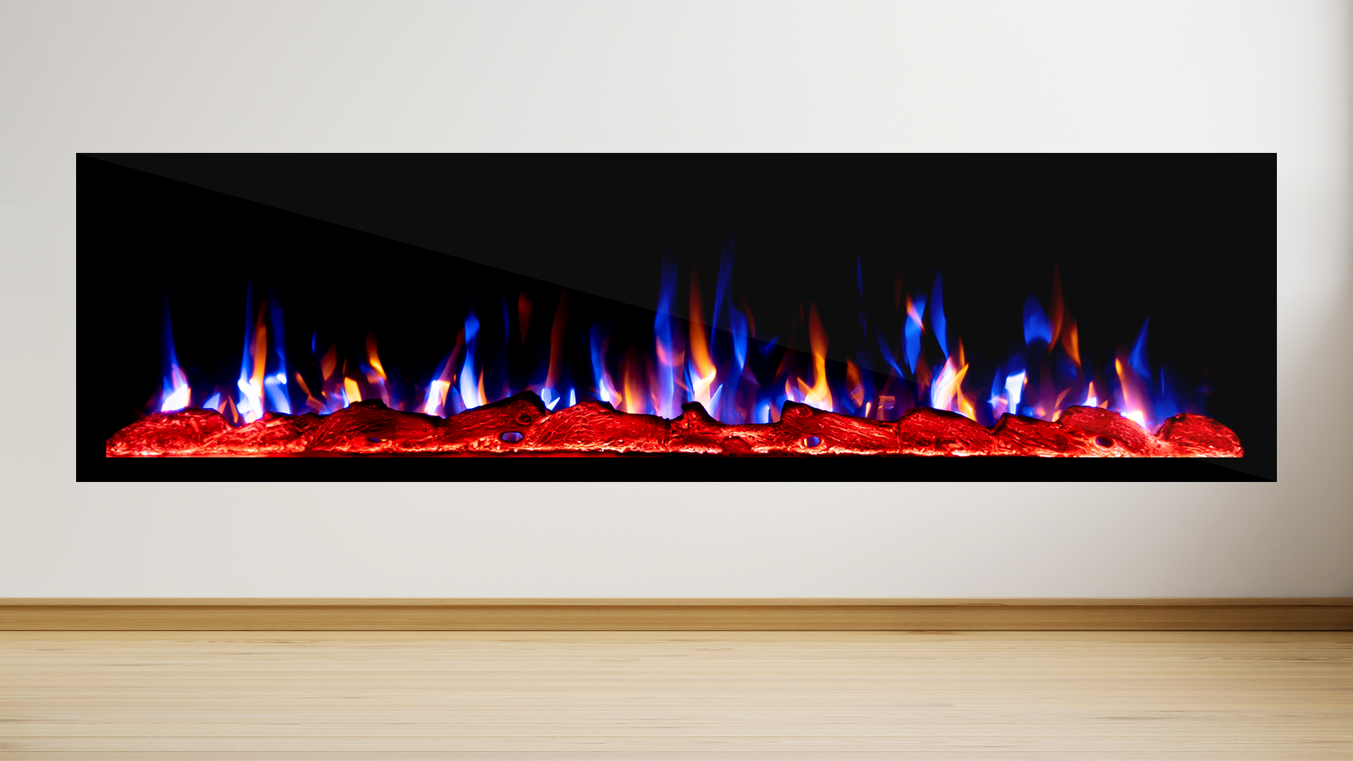 Elektrische sfeerhaard cinewall FLAME 50 inch met LED-vlammenspel in woonkamer blue red