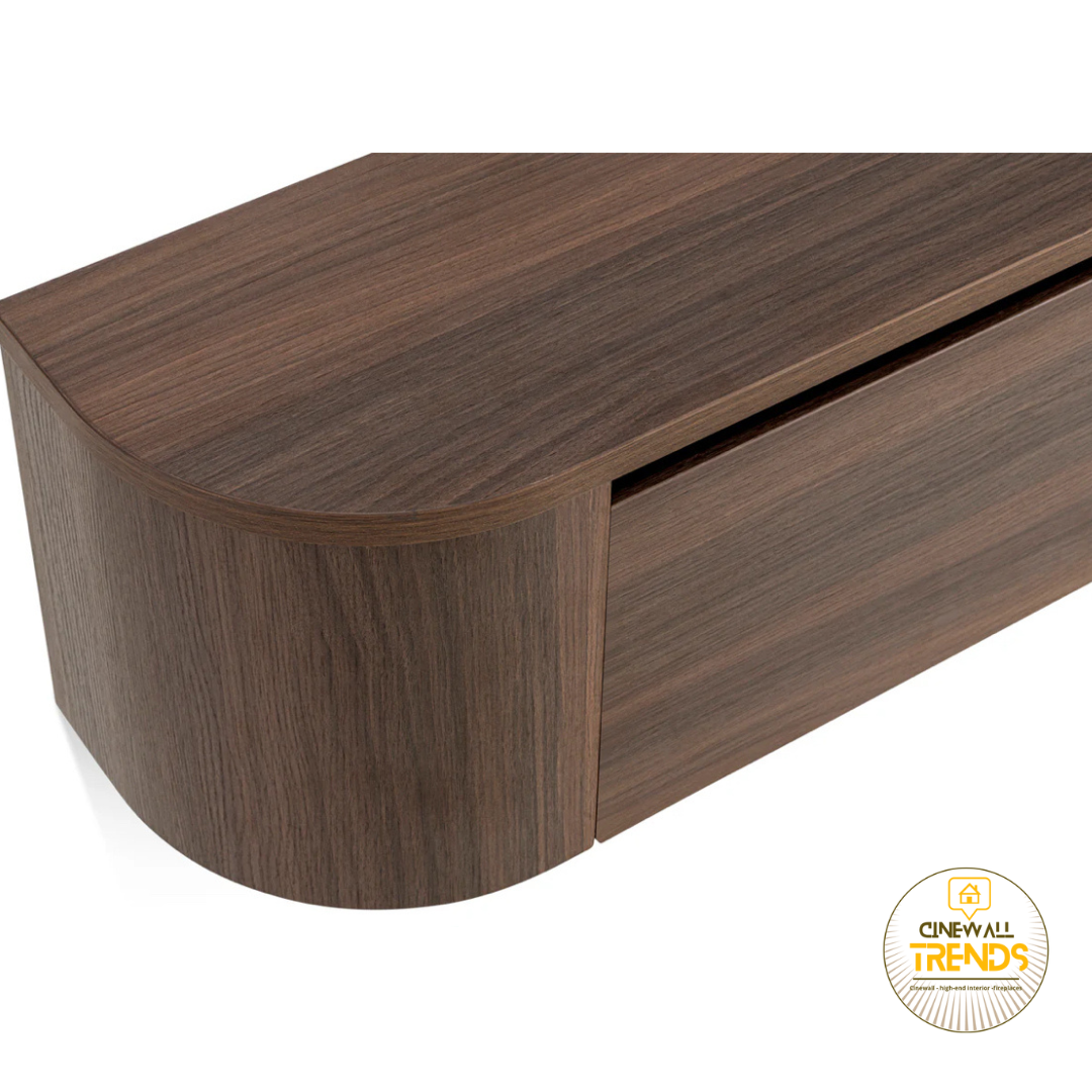 Japandi ronde TV meubel donkerbruin walnut – zwevend ontwerp met opbergruimte 180cm 240cm 280cm