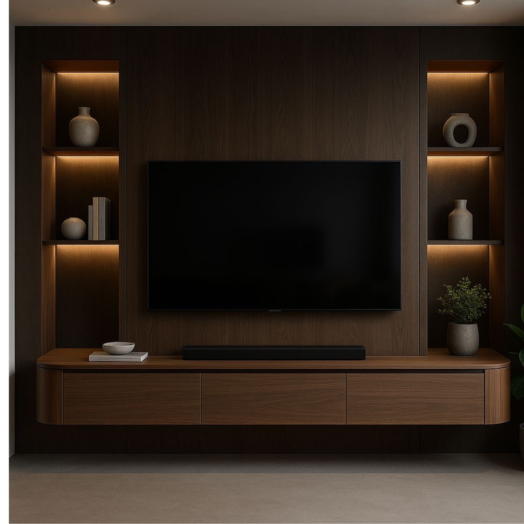 Ronde japandi zwevend tv-meubel donkerbruin (walnut)