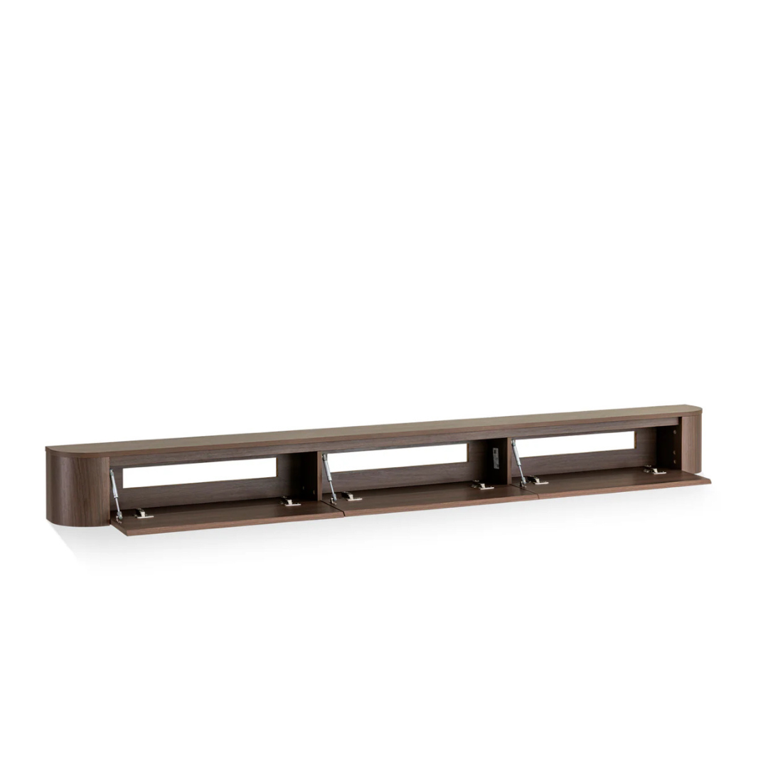 Japandi ronde TV meubel donkerbruin walnut – zwevend ontwerp met opbergruimte  180cm 240cm 280cm
