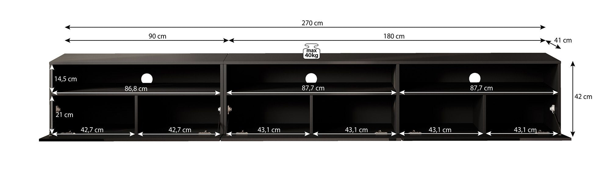 TV-Meubel FRESCO - Zwart - 270 cm